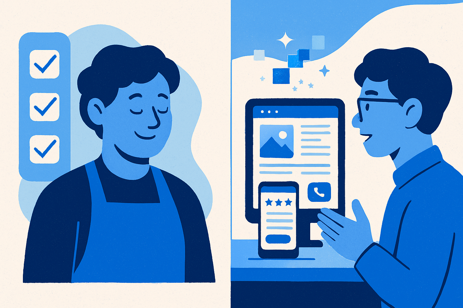 A designer revealing a live website draft during a video call with a local business owner, showing mobile and desktop views with clear call-to-action and reviews.