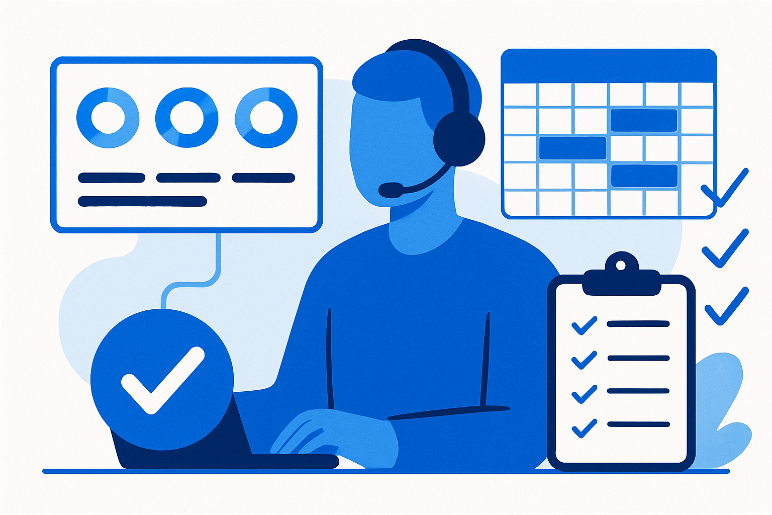 Illustration of an AI voice agent dashboard showing calls, booked meetings, and compliance checks.