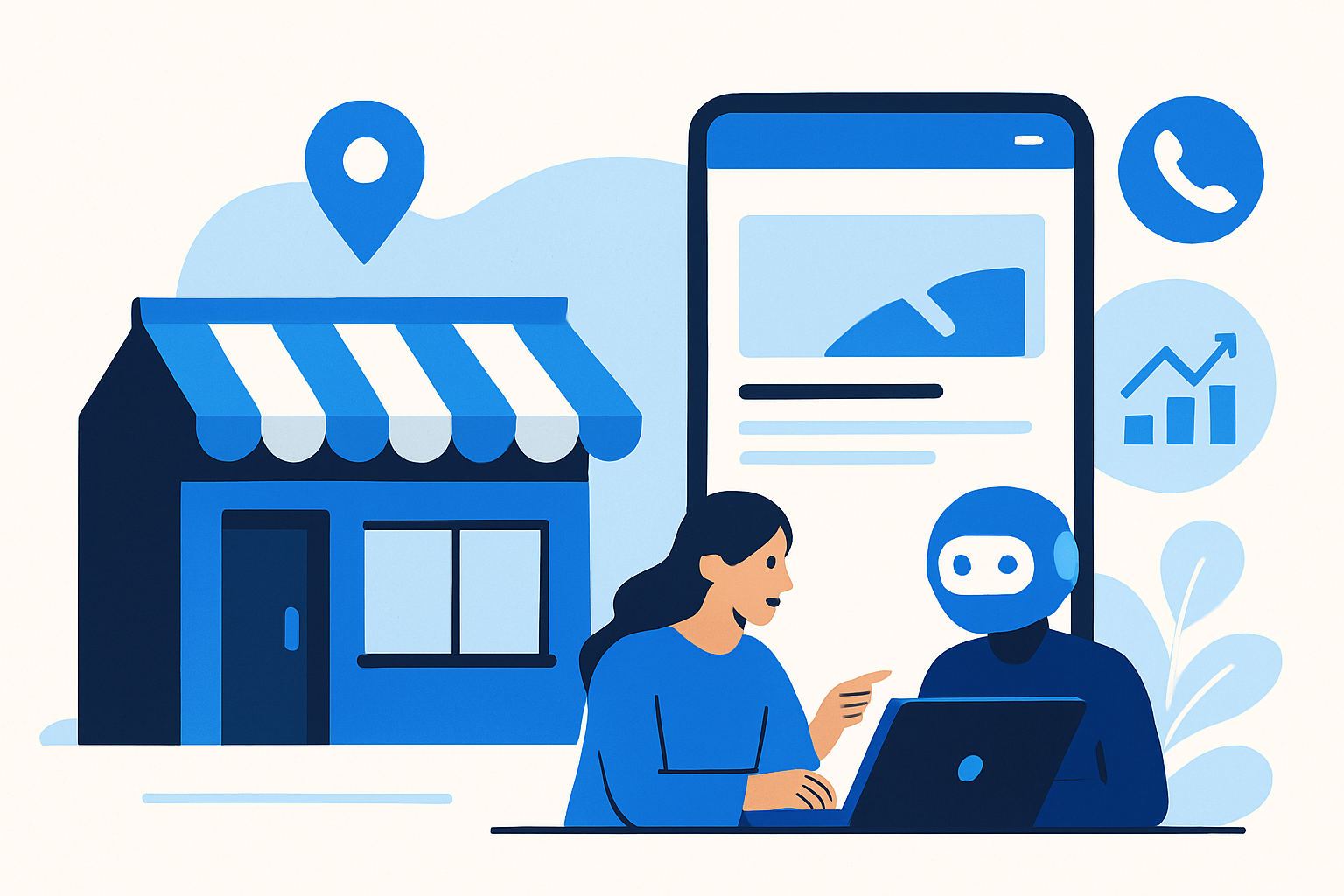 A designer guiding an AI assistant to build a mobile-first website for a local storefront, with map pins and call icons indicating local SEO outcomes.