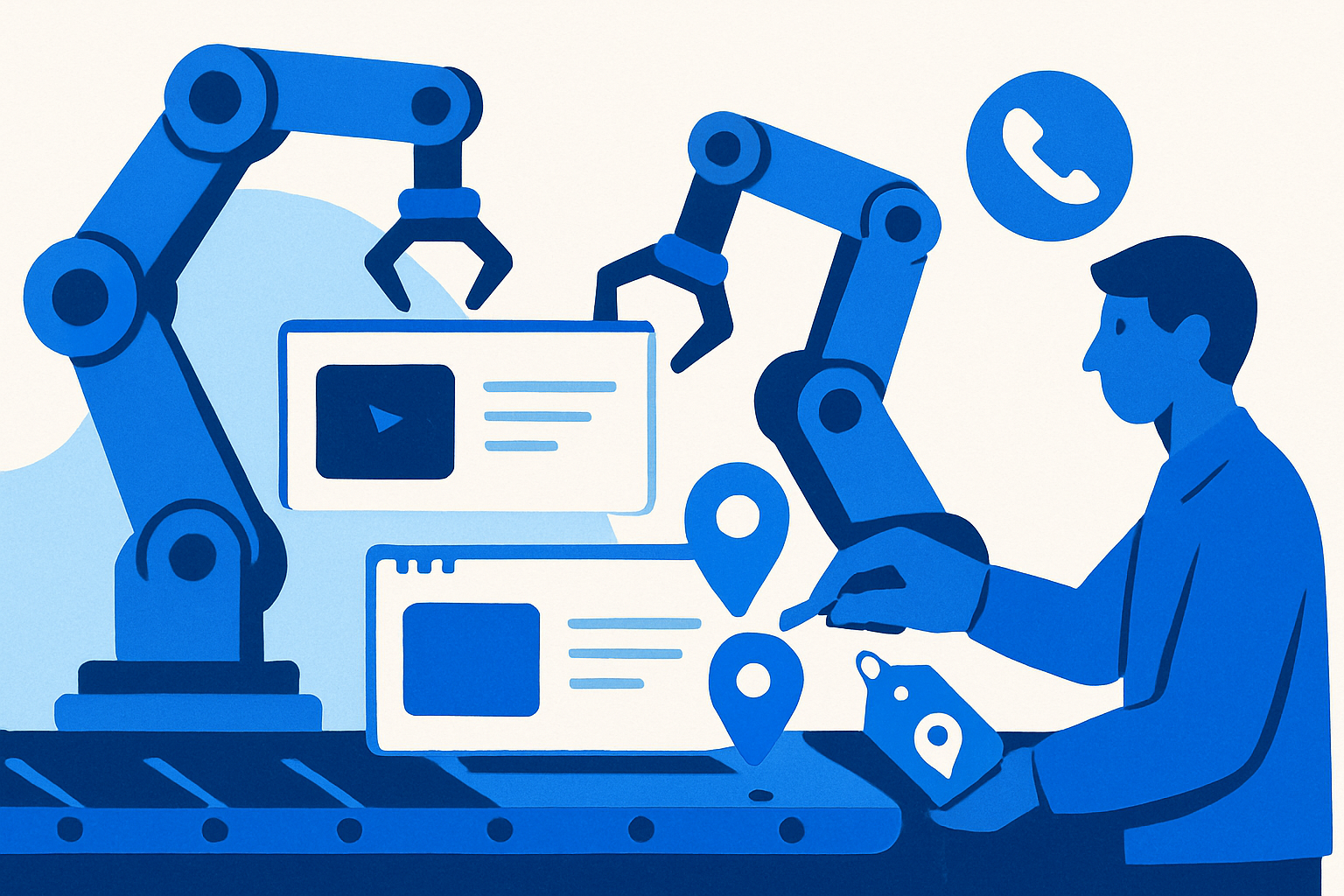 AI robots assembling a fast website while a human adds local SEO and tracking elements.