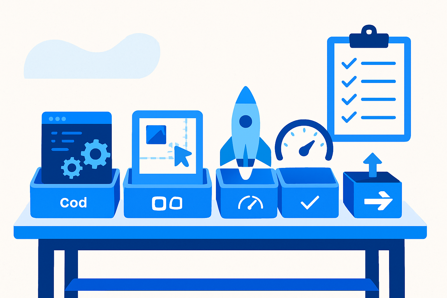 Workbench illustration comparing four AI website builders with icons for code, visual editing, performance, and export, alongside a delivery checklist.