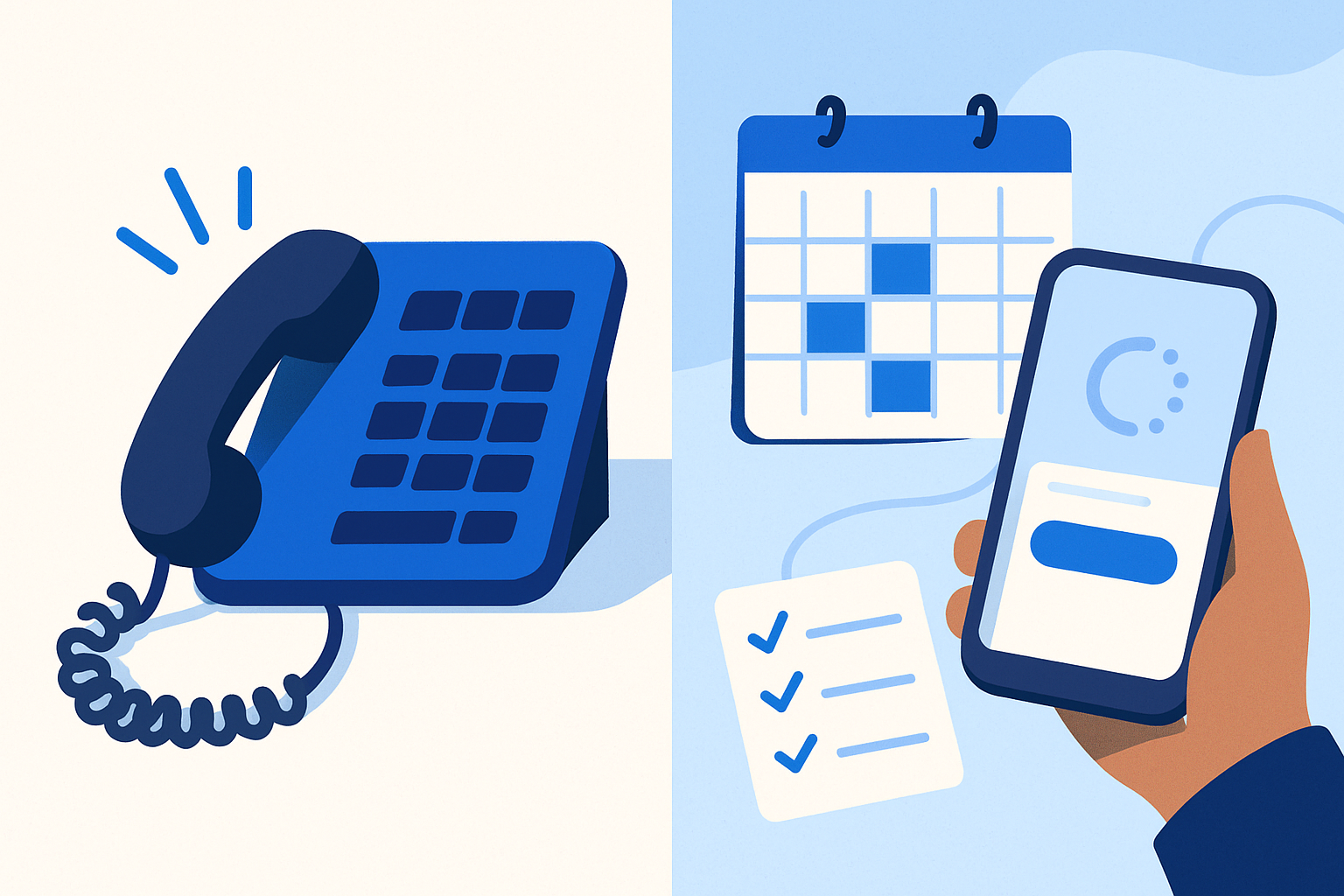 A dispatcher’s desk with a ringing phone, open calendar slots, and a smartphone showing a website issue, illustrating cold-calling and scheduling strategy.