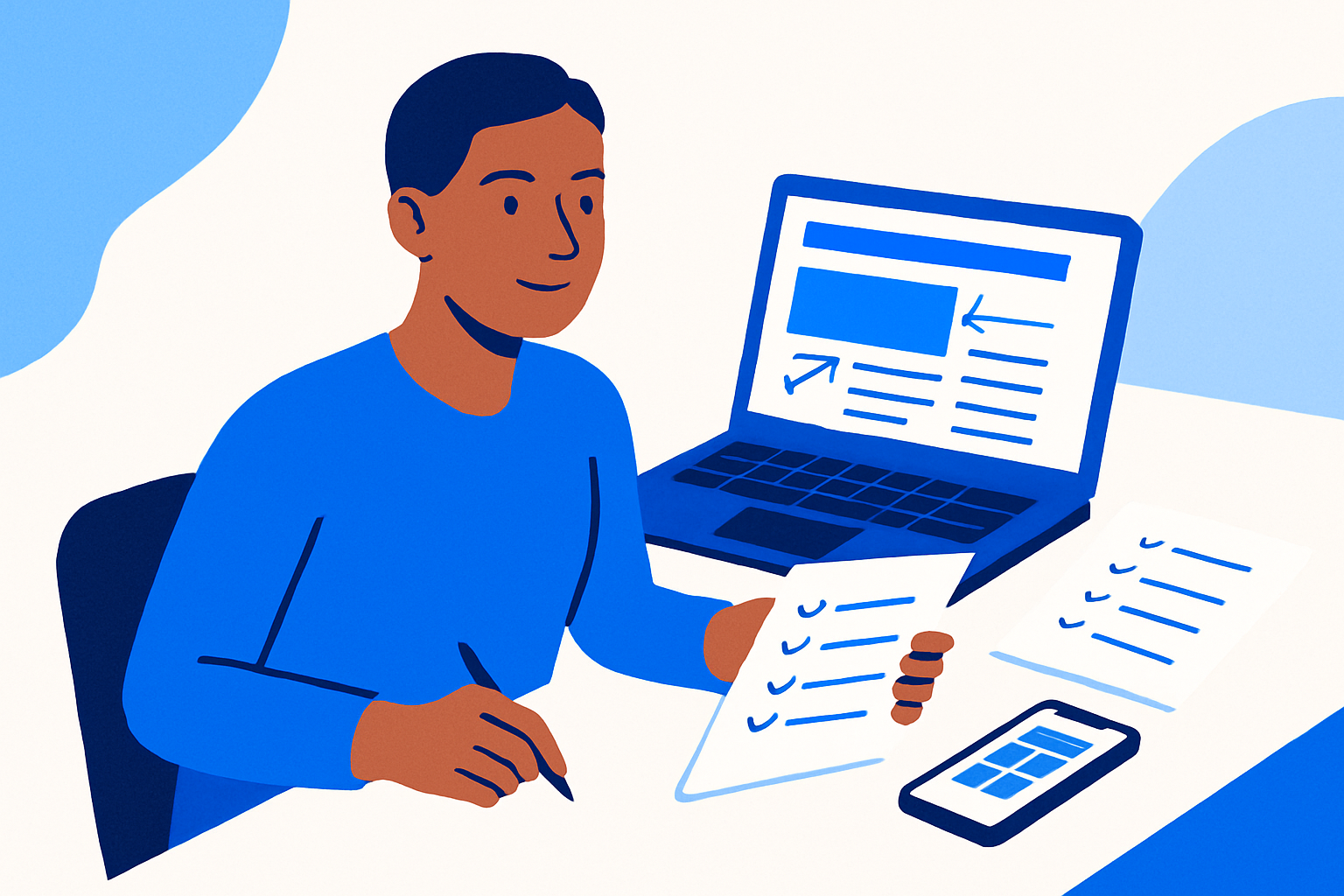 Designer preparing a website audit with annotated screenshots and a simple outreach checklist, conveying calm and methodical cold outreach.