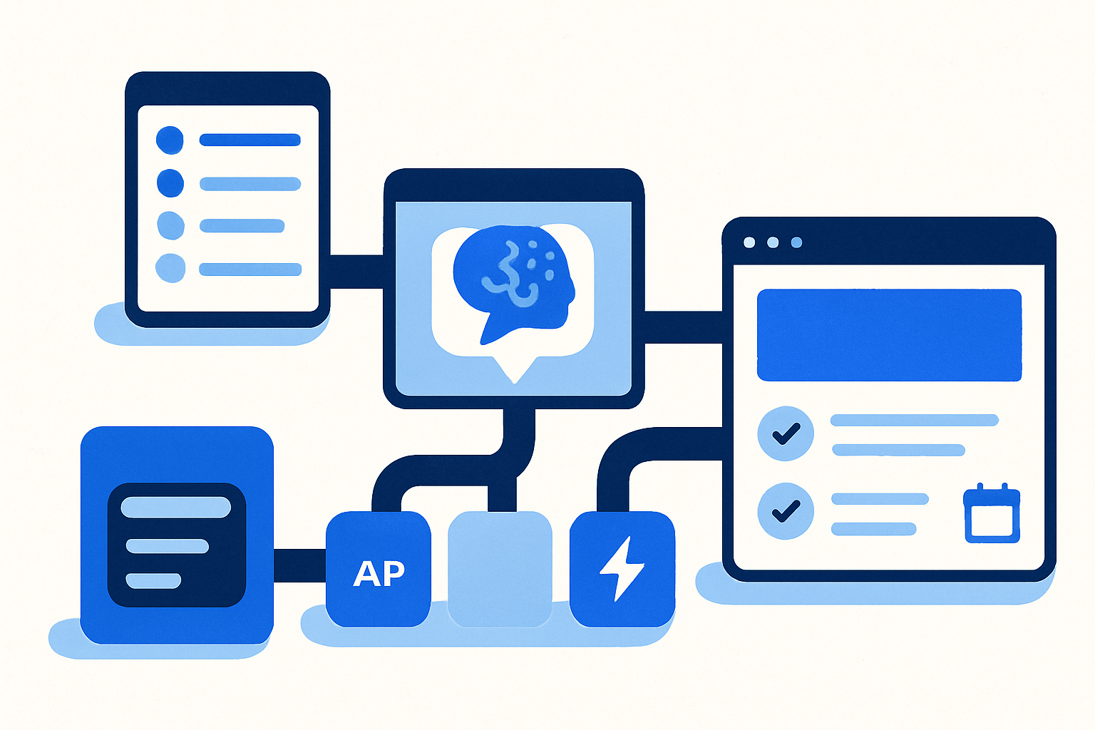 An isometric pipeline diagram showing leads flowing into AI builders and out to a launched website with QA checks and a retainer calendar.