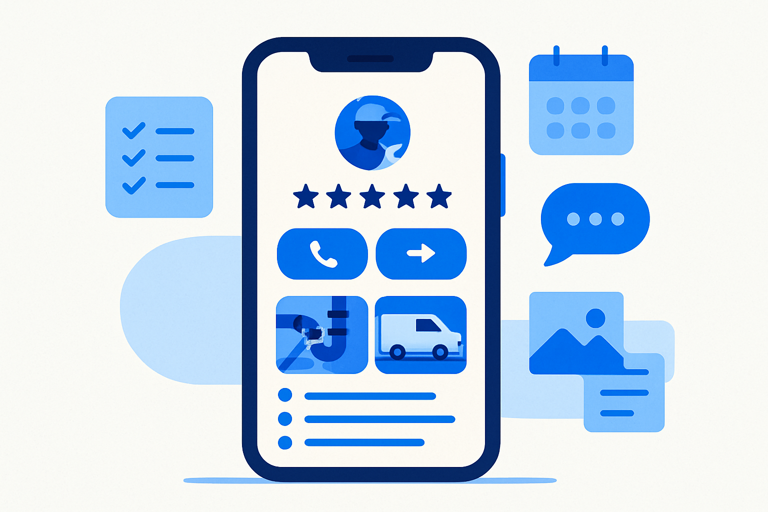 Smartphone mockup of an optimized Google Business Profile for a trades business with prominent call button, reviews, photos, and services, surrounded by checklist and calendar icons.