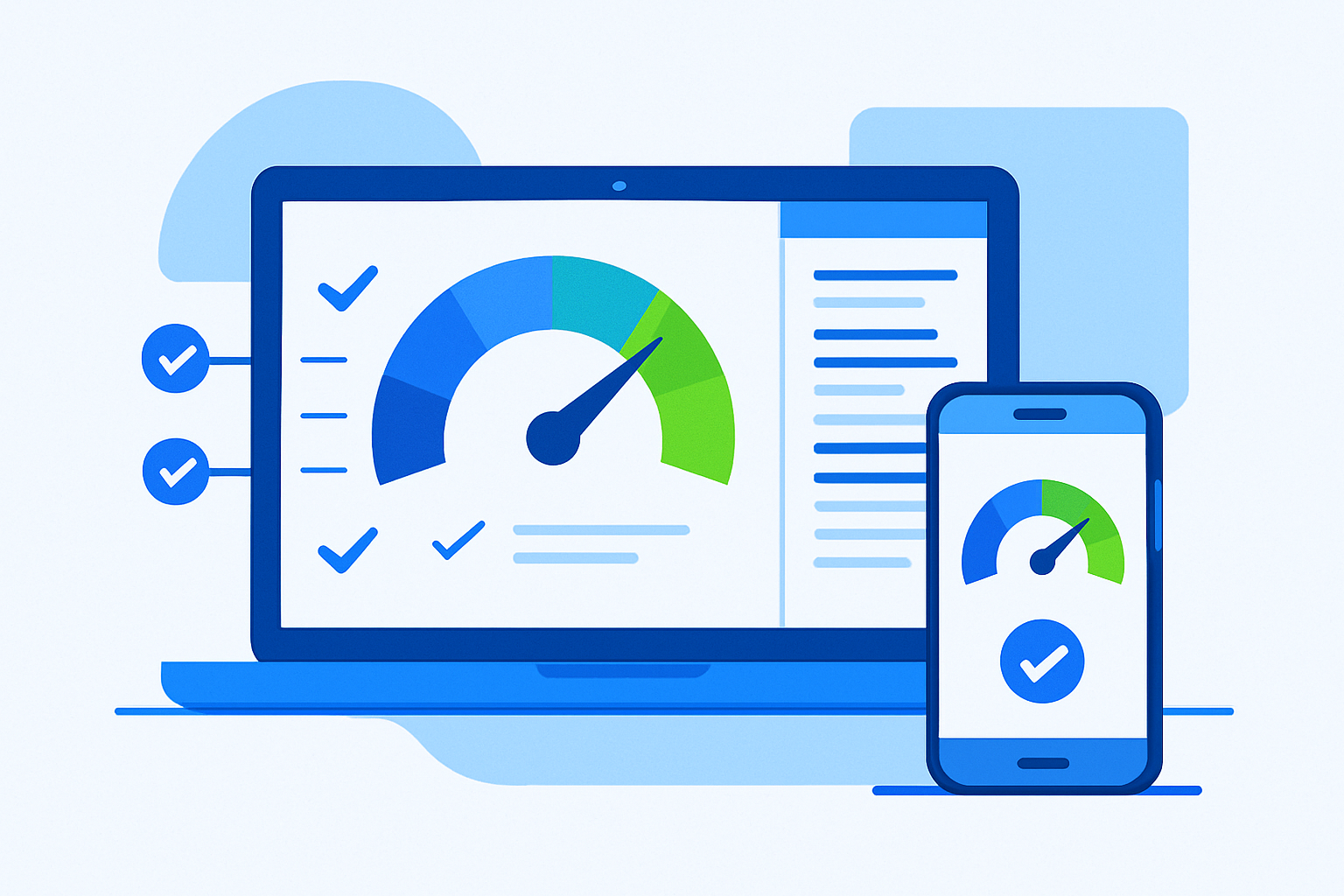 Laptop and phone showing a PageSpeed gauge with a spreadsheet of website scores and optimization checkmarks.