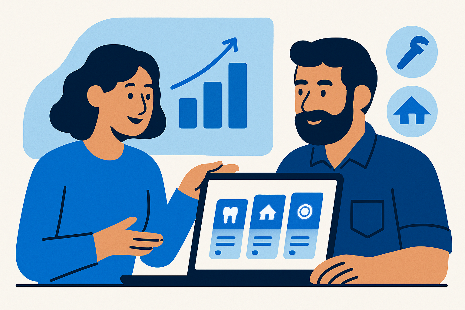 Freelancer showing a local business owner a website pricing model with ROI charts and tiered packages.