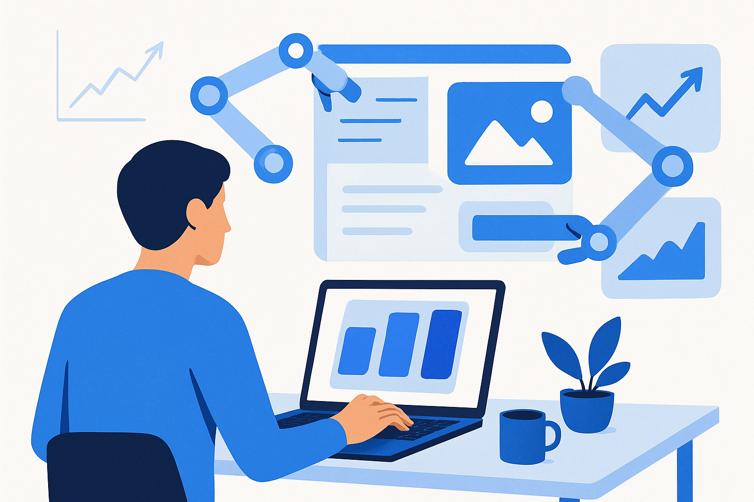 Freelancer reviewing AI-era website pricing while AI tools assemble a site on screen with margin and timeline charts.
