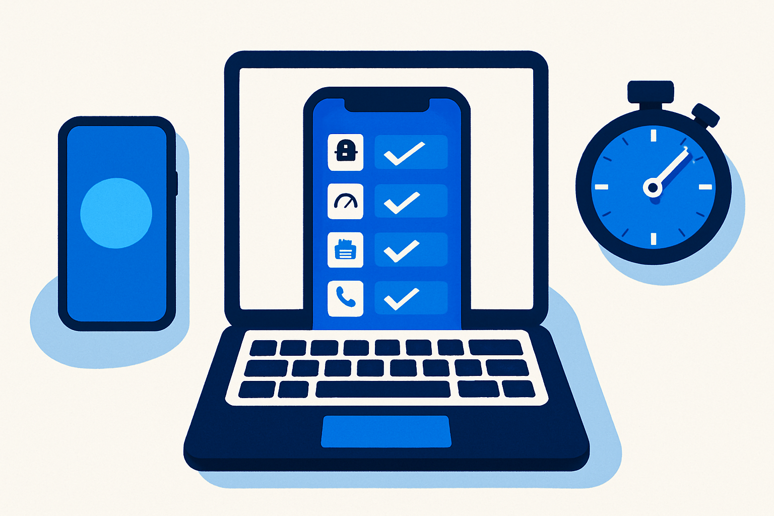 A laptop showing a mobile website emulator with icons for HTTPS, speed, freshness, and contact, next to a phone and a 5-minute stopwatch.