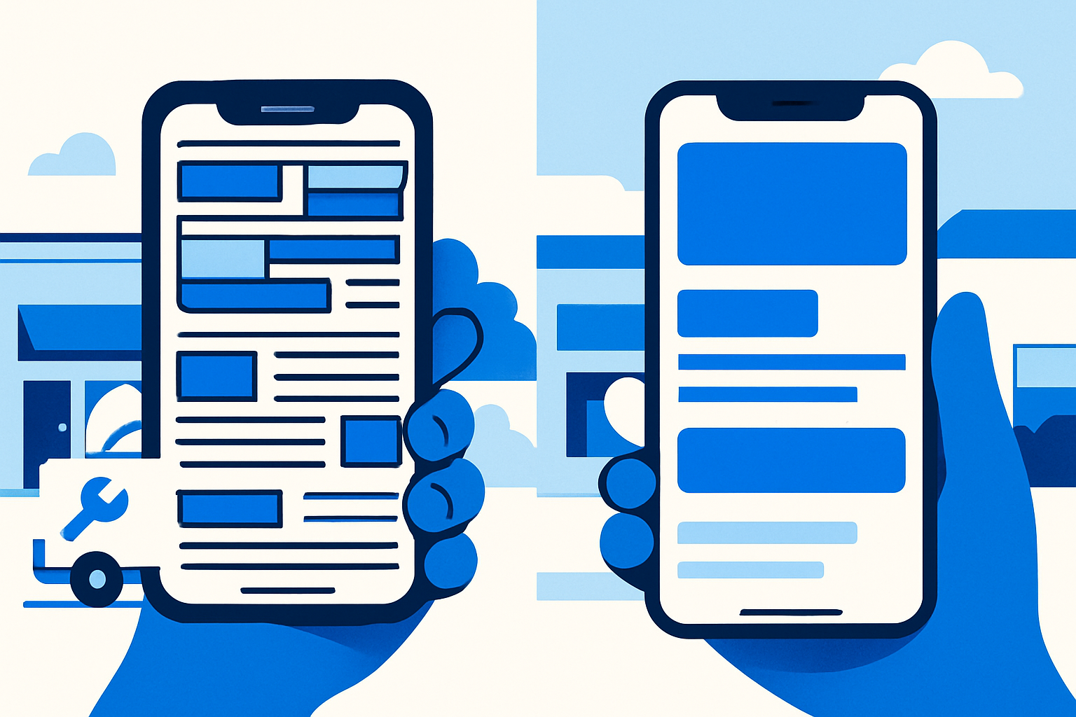 Two smartphones: one showing a broken, unreadable local business site and the other a clean mobile-first redesign, with local storefronts in the background.
