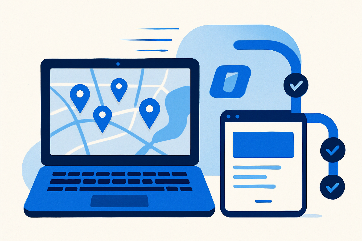 Laptop with Google Maps pins and a website preview, representing scaling from manual prospecting to automated lead generation.