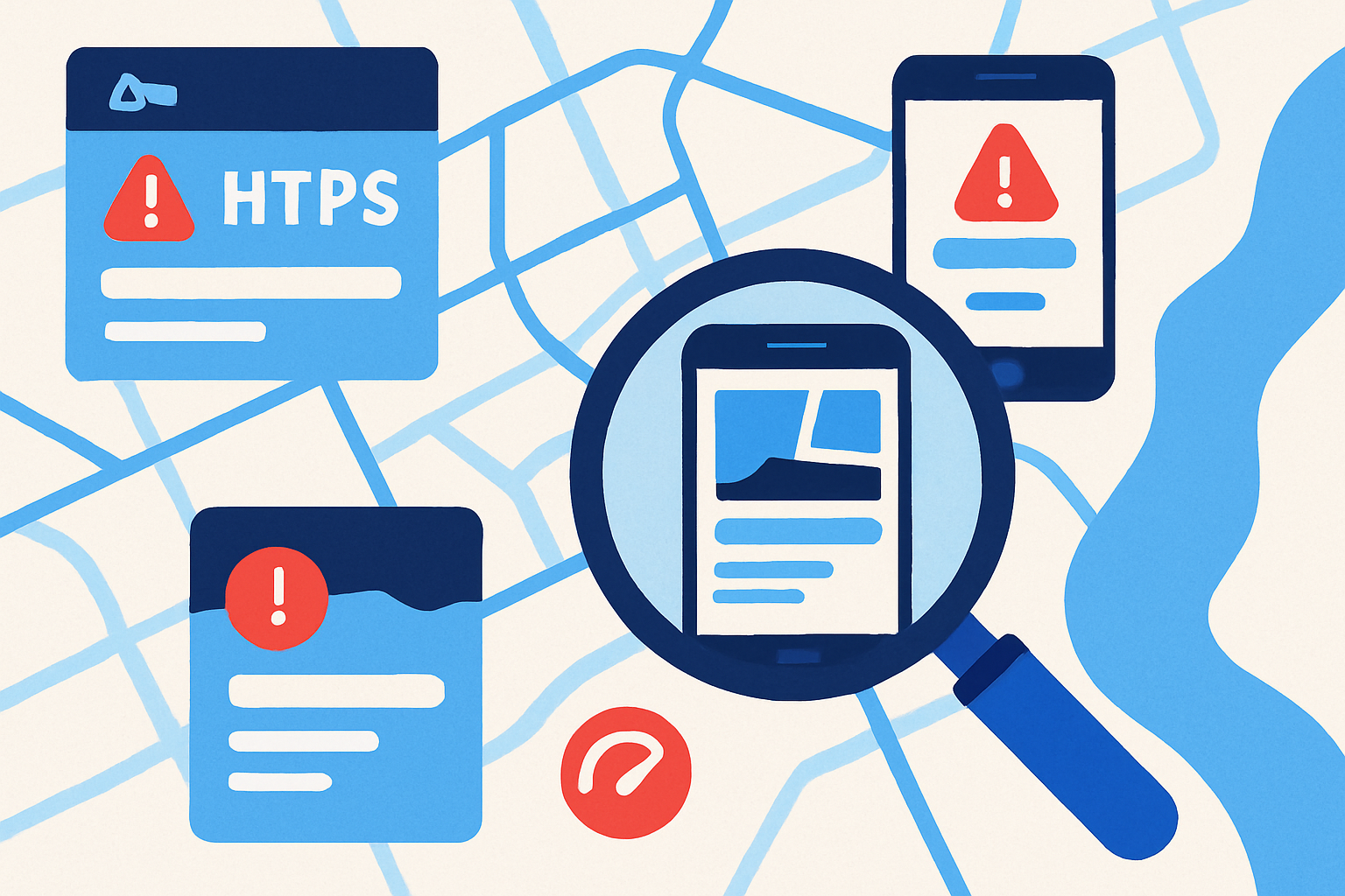 Illustration of a city map with mobile website panels flagged for HTTPS, speed, and mobile issues.