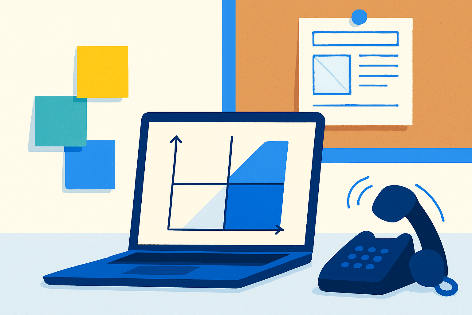 A desk scene with a laptop showing a ranked effort-versus-payoff matrix, a ringing phone, and a simple website wireframe for a local business.
