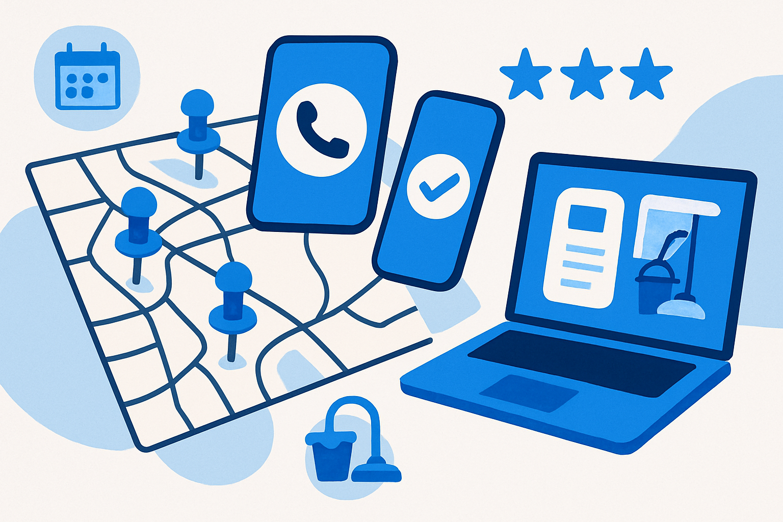City suburb pins connected to a phone with tap-to-call and instant quote, and a laptop showing a cleaning company website.