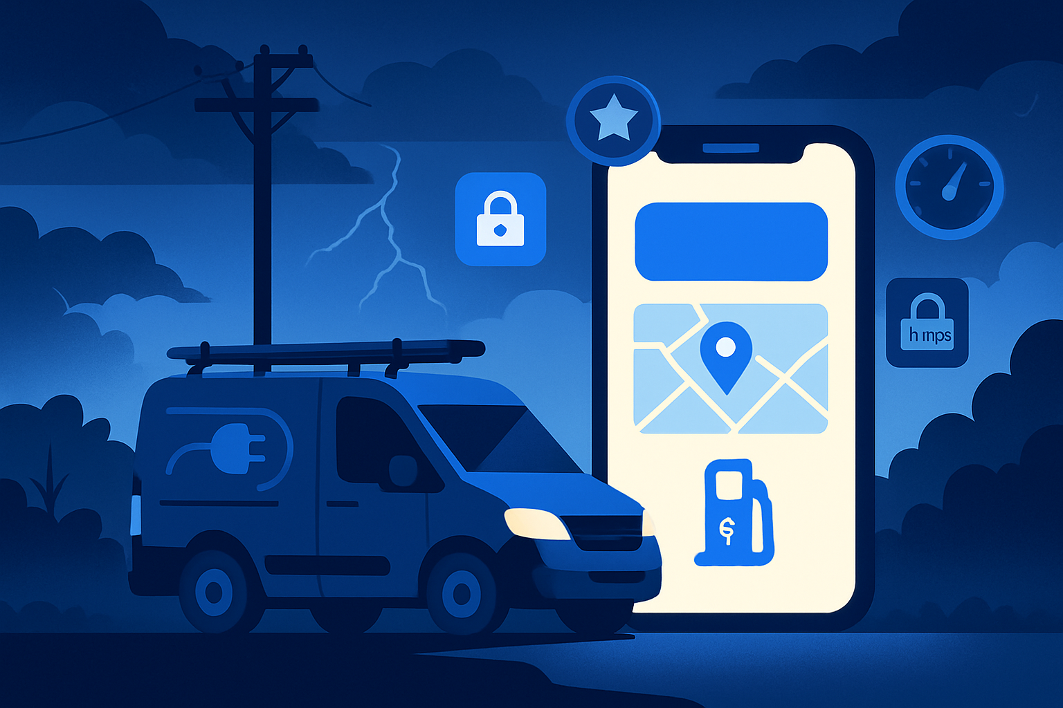 Electrician service van and a smartphone displaying an emergency landing page with click-to-call and service area map.
