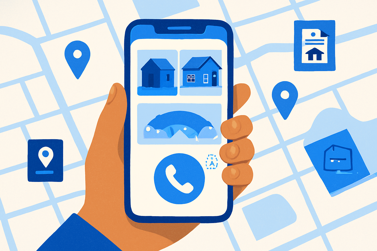 Smartphone mockup of a general contractor website with tap-to-call and before/after gallery over a city map with leads and permits.