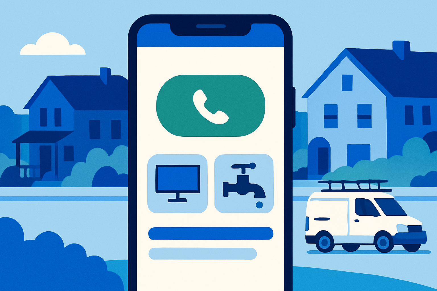 Mobile-first handyman website mockup with prominent tap-to-call and service tiles, set against a suburban street backdrop.