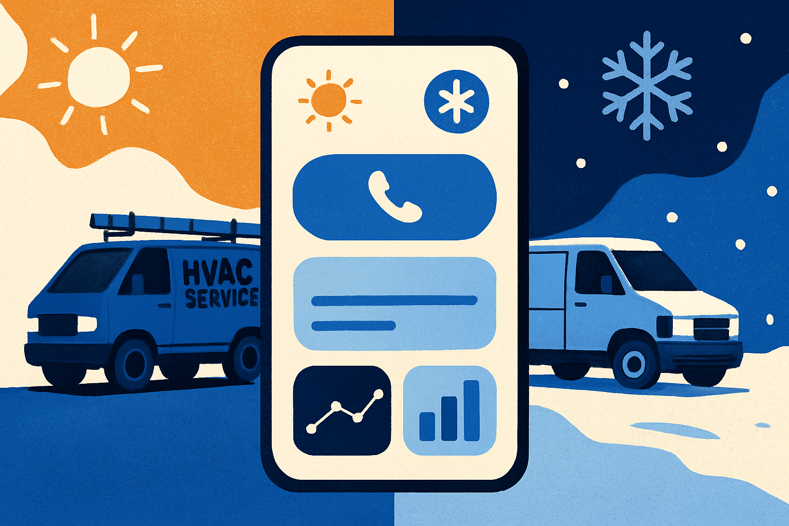 HVAC van in hot and cold weather beside a mobile landing page with tap-to-call and booking analytics.