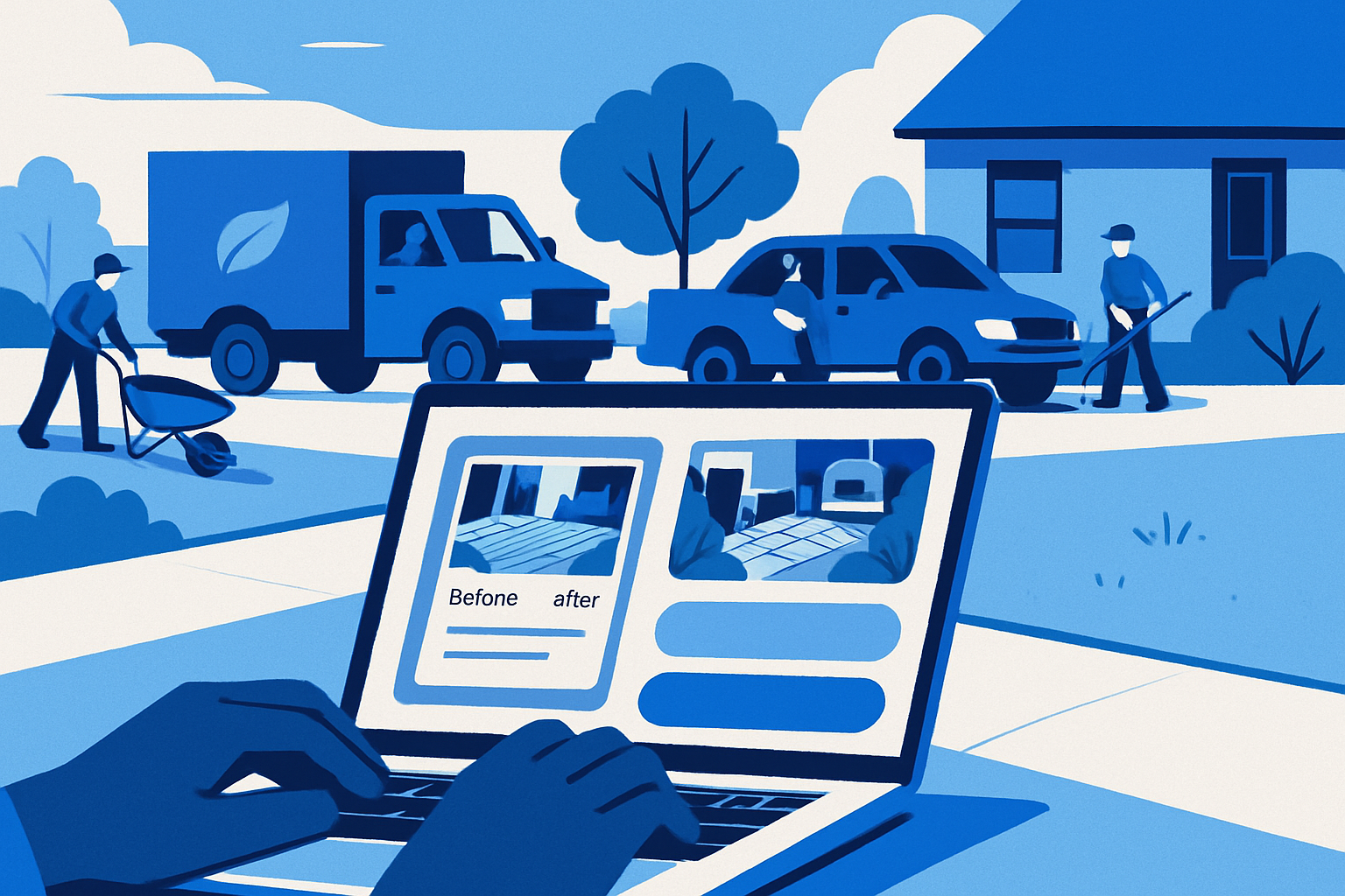A landscaper’s crew and trucks next to a laptop with a mobile-first landscaping website draft showcasing a photo gallery and seasonal services.