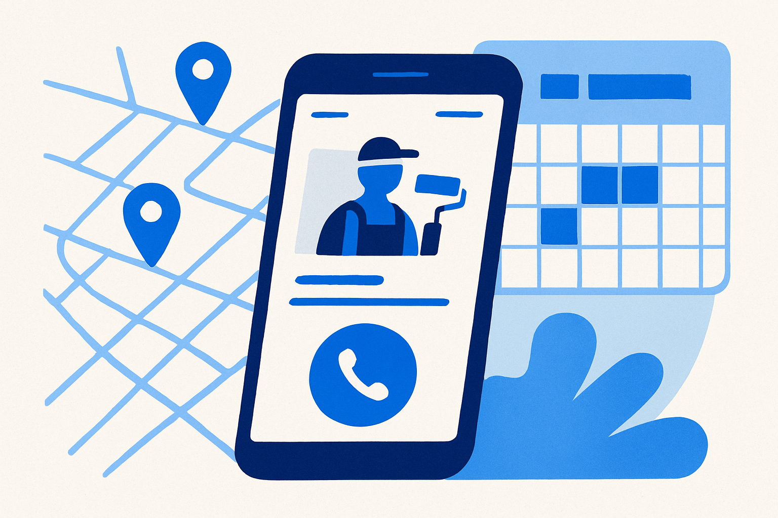 Illustration of a painter’s mobile-friendly website on a phone with tap-to-call, over a city map and a filling calendar.