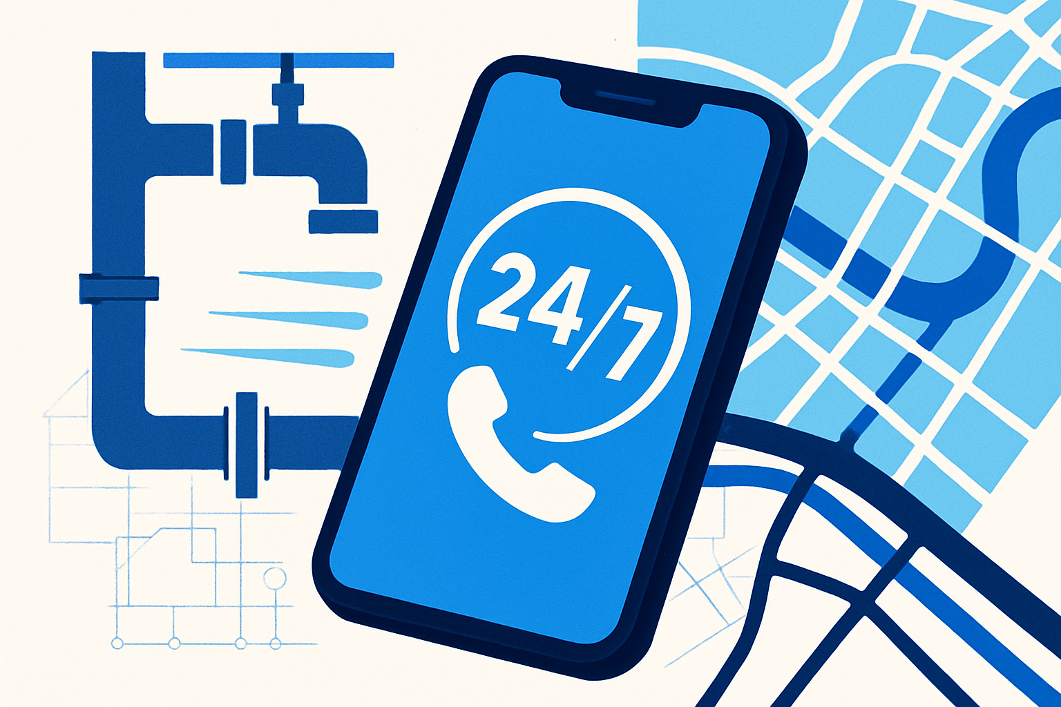 Smartphone with a 24/7 call button over plumbing blueprints and a city map, symbolizing fast, local plumber lead capture.
