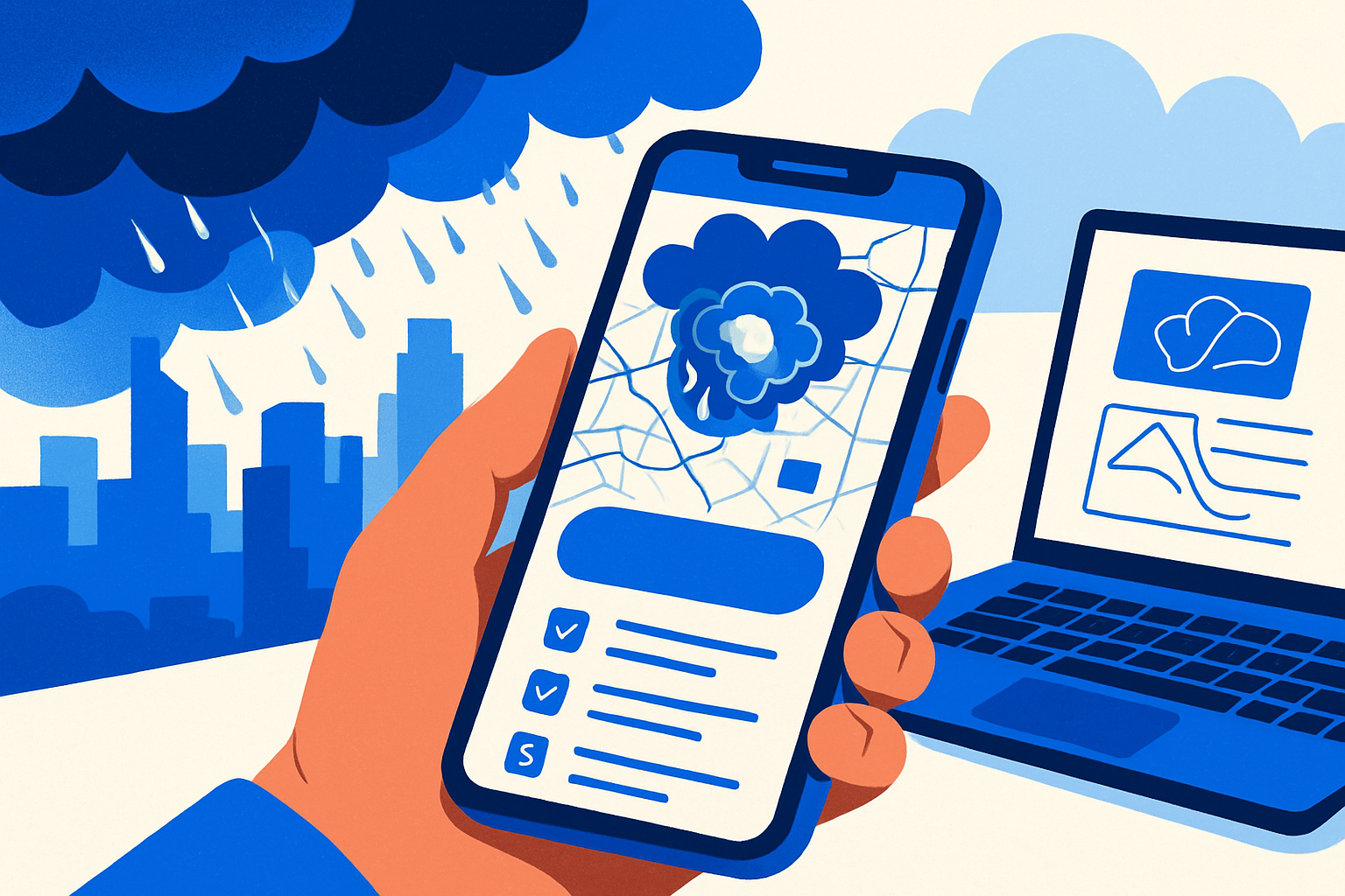 Mobile roofing storm-response landing page with a tap-to-call button overlaid on a storm radar map, symbolizing urgent conversion.