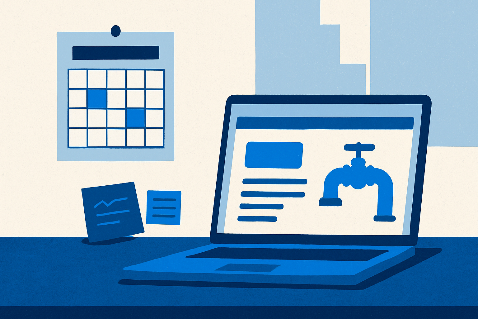 A 14-day sprint calendar beside a laptop showing a trade business website mockup with notes on speed and mobile calls.