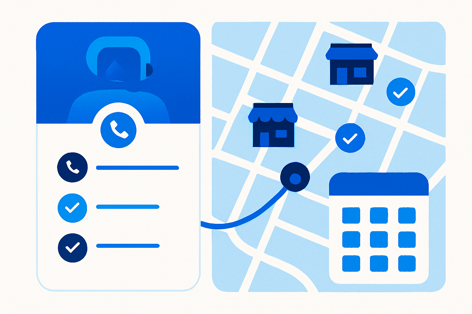 Illustration of an AI voice calling dashboard connecting to local businesses and booking meetings on a calendar.