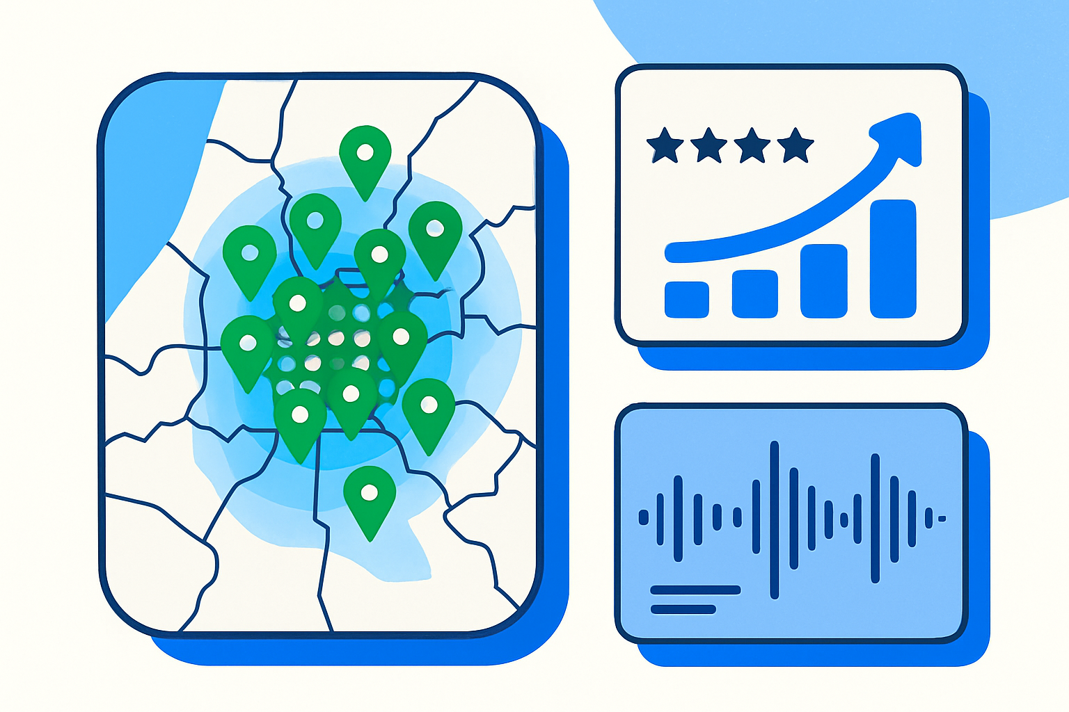 Map grid with growing green coverage, rising review count, and a call log—visual proxies for local SEO results.