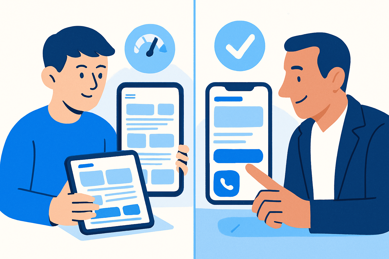 Designer showing a business owner a side-by-side mobile website comparison: the old slow site vs. a clean, fast redesign with a sticky call button.