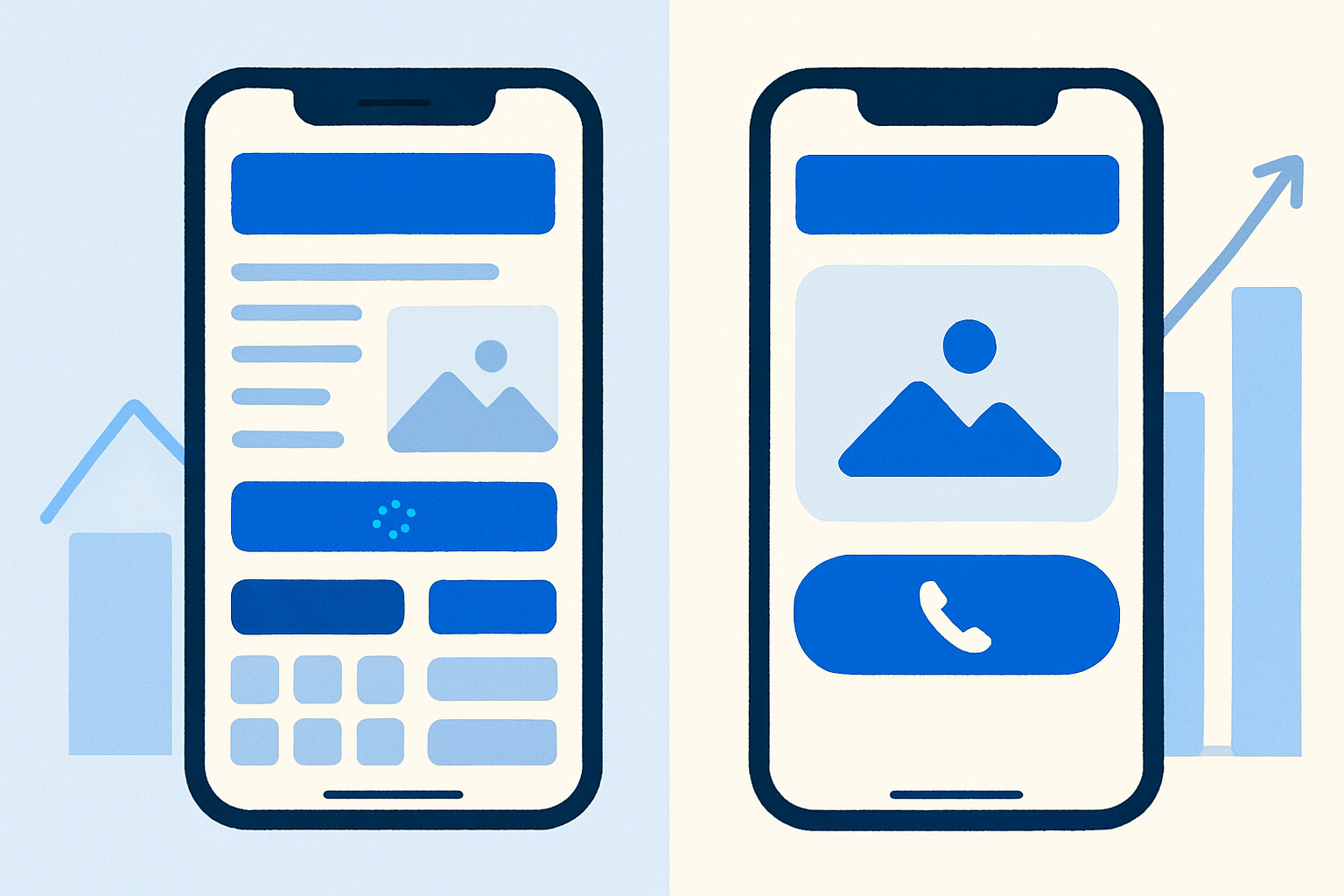 Side-by-side mobile views comparing a cluttered website with a clean, fast redesign featuring a sticky call button and clear offer.