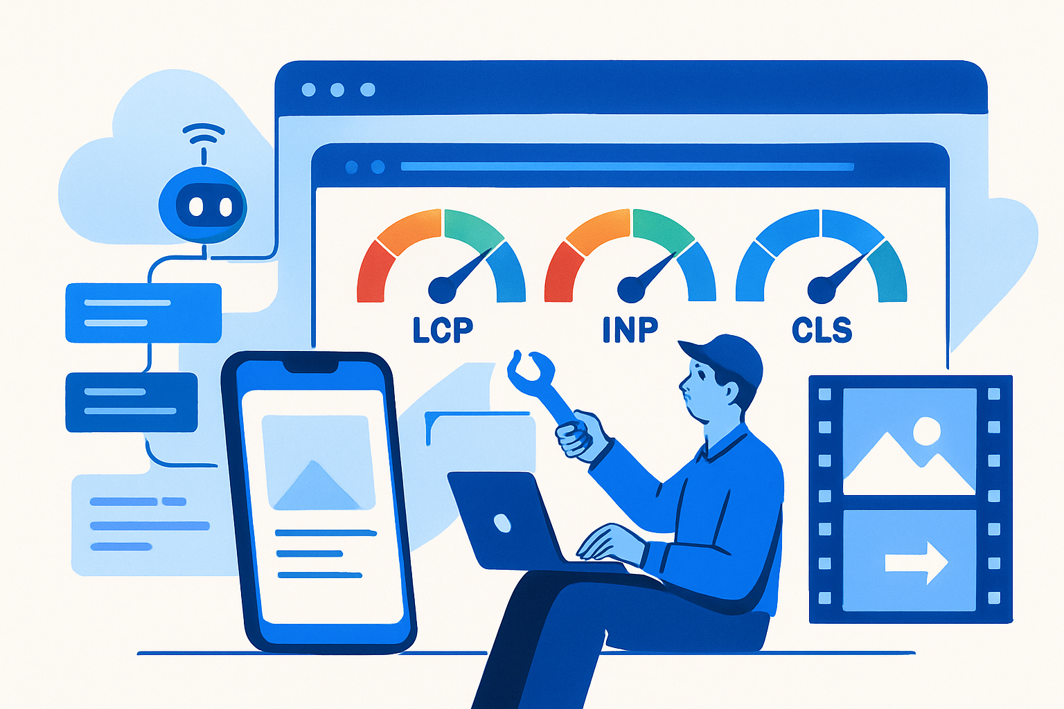 Illustration of an AI-assisted web performance tuning dashboard with LCP, INP, CLS improving from red to green on mobile.