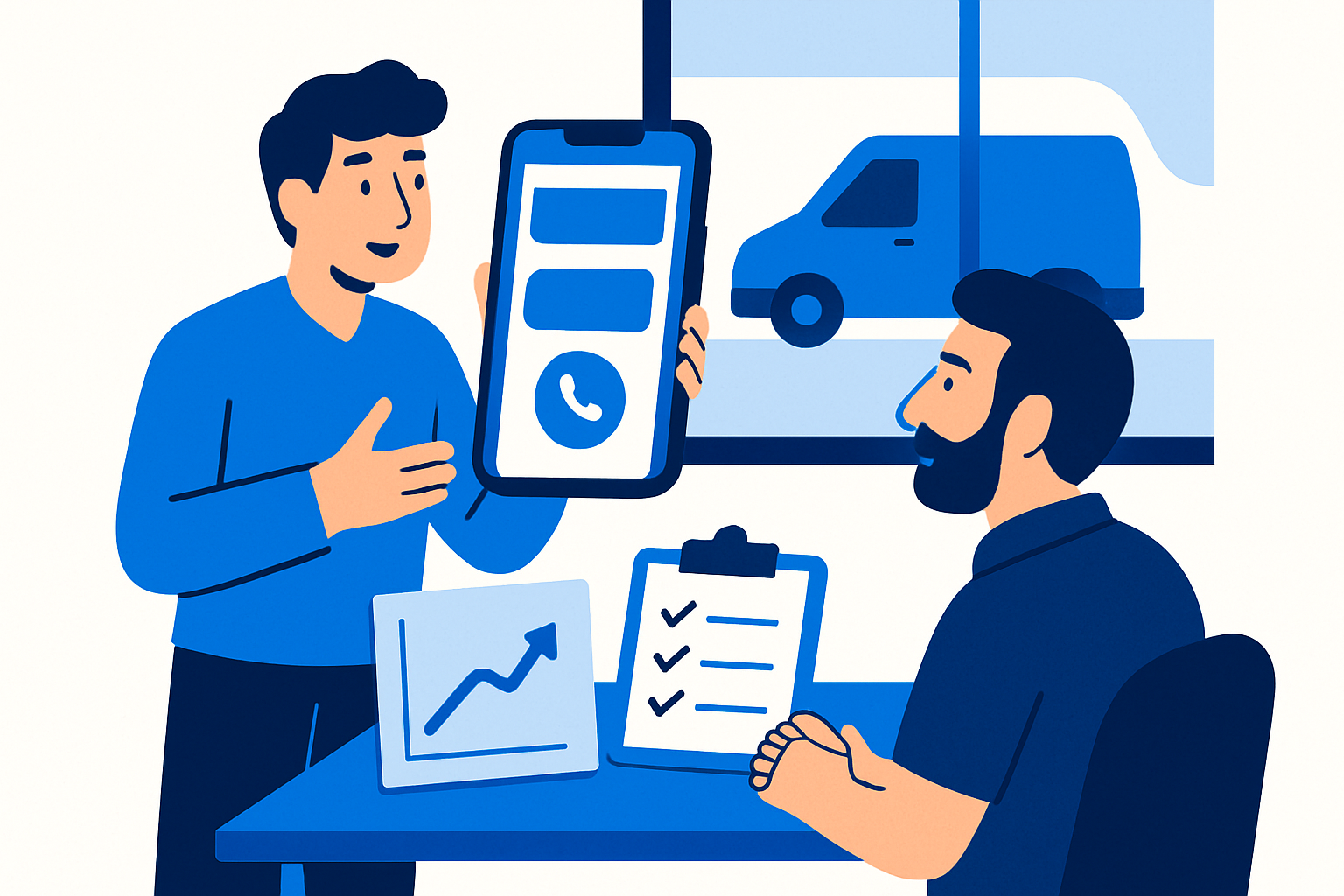 Web designer showing a mobile-first website mockup and ROI checklist to a small business owner.