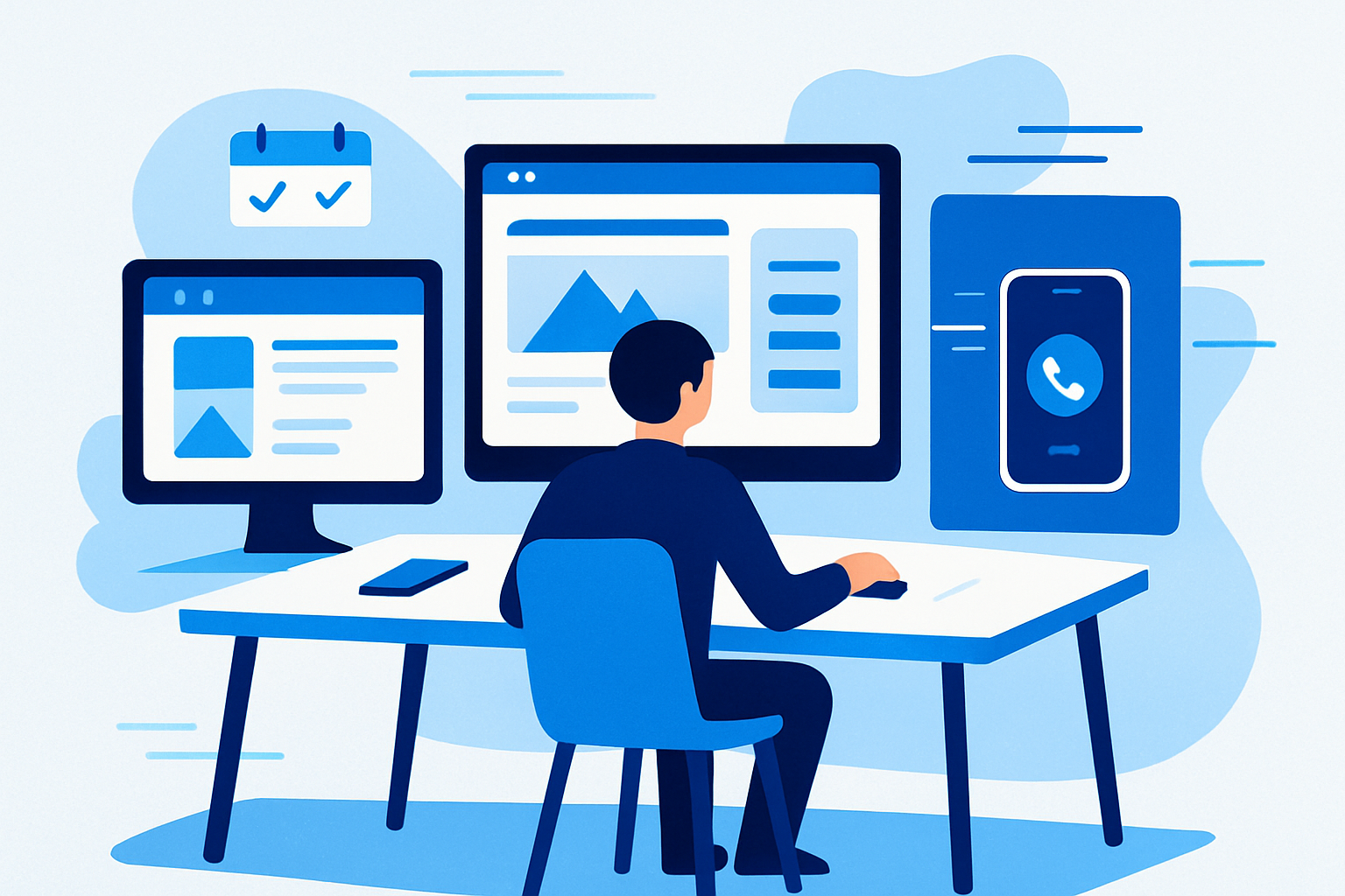A solo web designer using AI tools to generate website drafts while a pipeline dashboard fills with booked appointments.