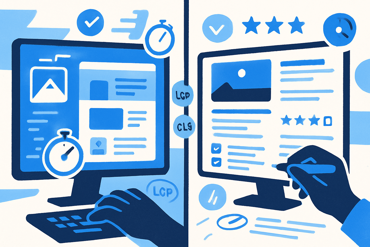 A freelancer’s workstation showing an AI-generated website draft on one screen and human conversion edits on the other, with speed and QA checklists visible.