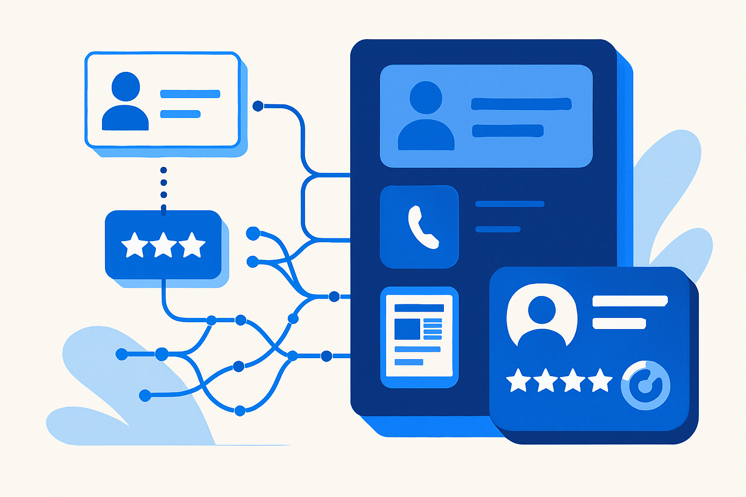 Illustration of an AI-driven enrichment waterfall turning a business name into a detailed contact and website quality profile.
