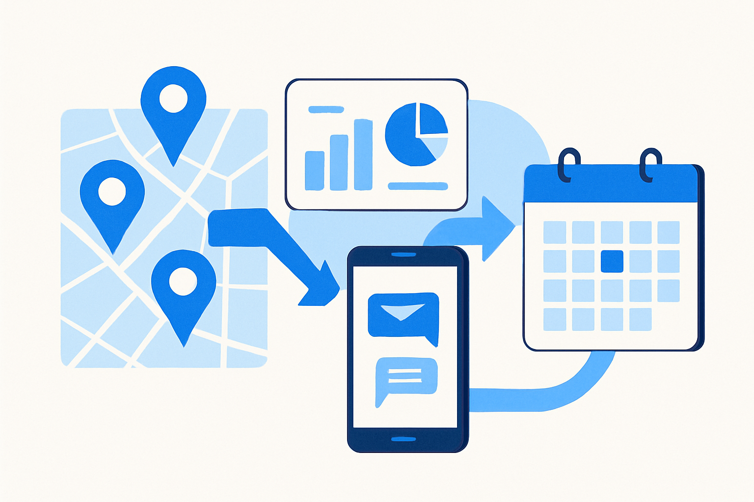 Illustration of a pipeline from city map pins into a scoring dashboard and outreach channels ending with booked calendar meetings.