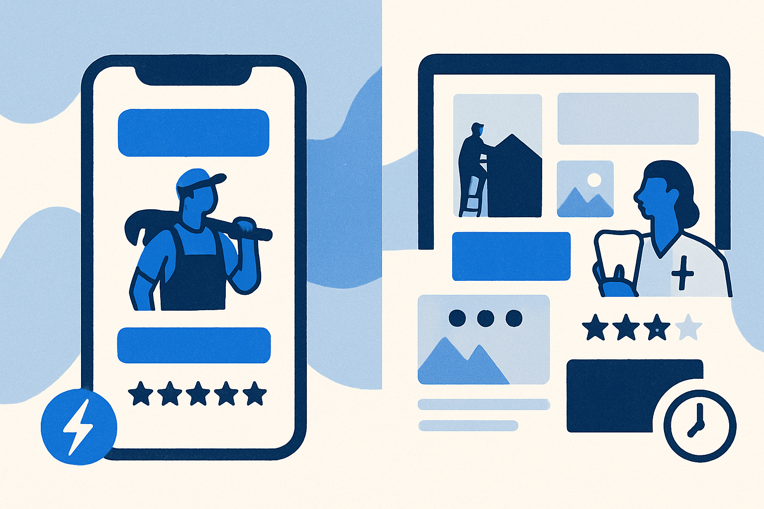 Side-by-side comparison of a fast, conversion-focused local business website and a slow, cluttered one with missing reviews and CTAs.
