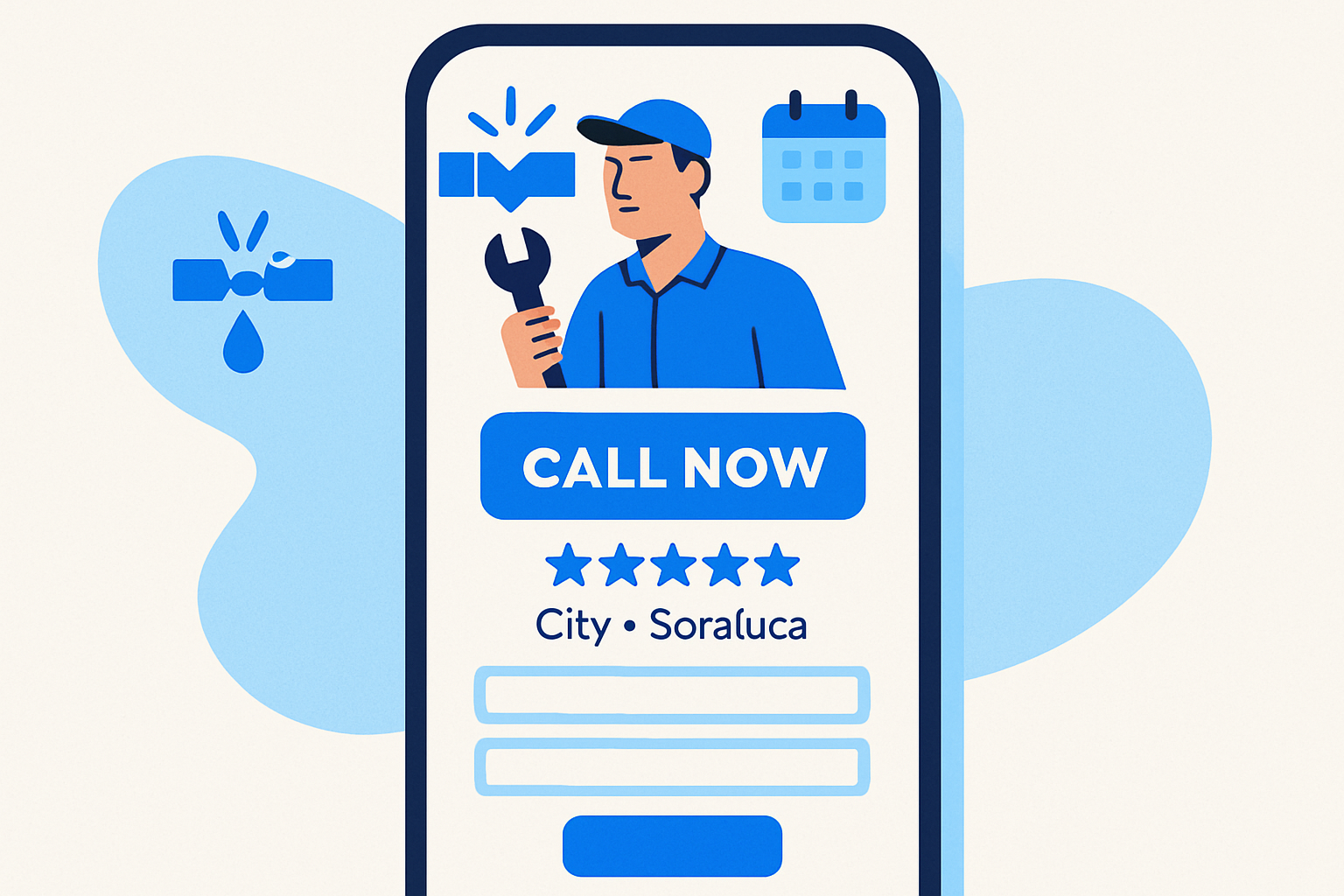 Mobile view of a trades website featuring a sticky Call Now button, reviews, service-area chips, and a simple booking form.