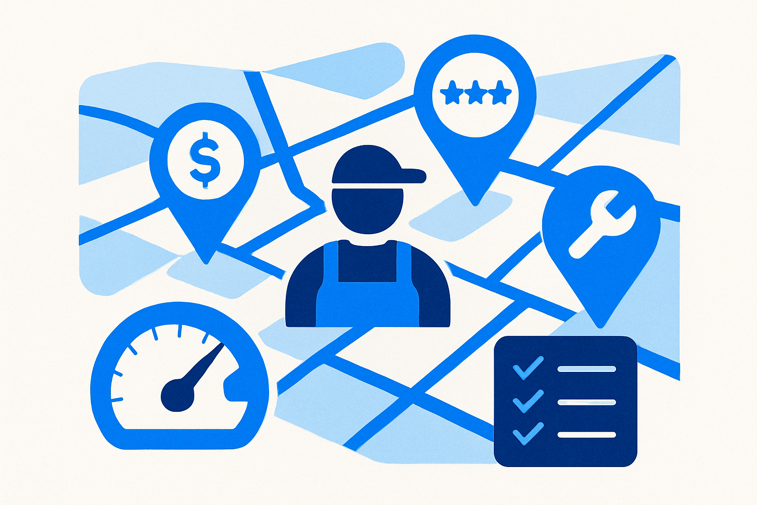 Illustration of a local map with highlighted pins for Google Business Profile, reviews, and service pages alongside a speed gauge and checklist.