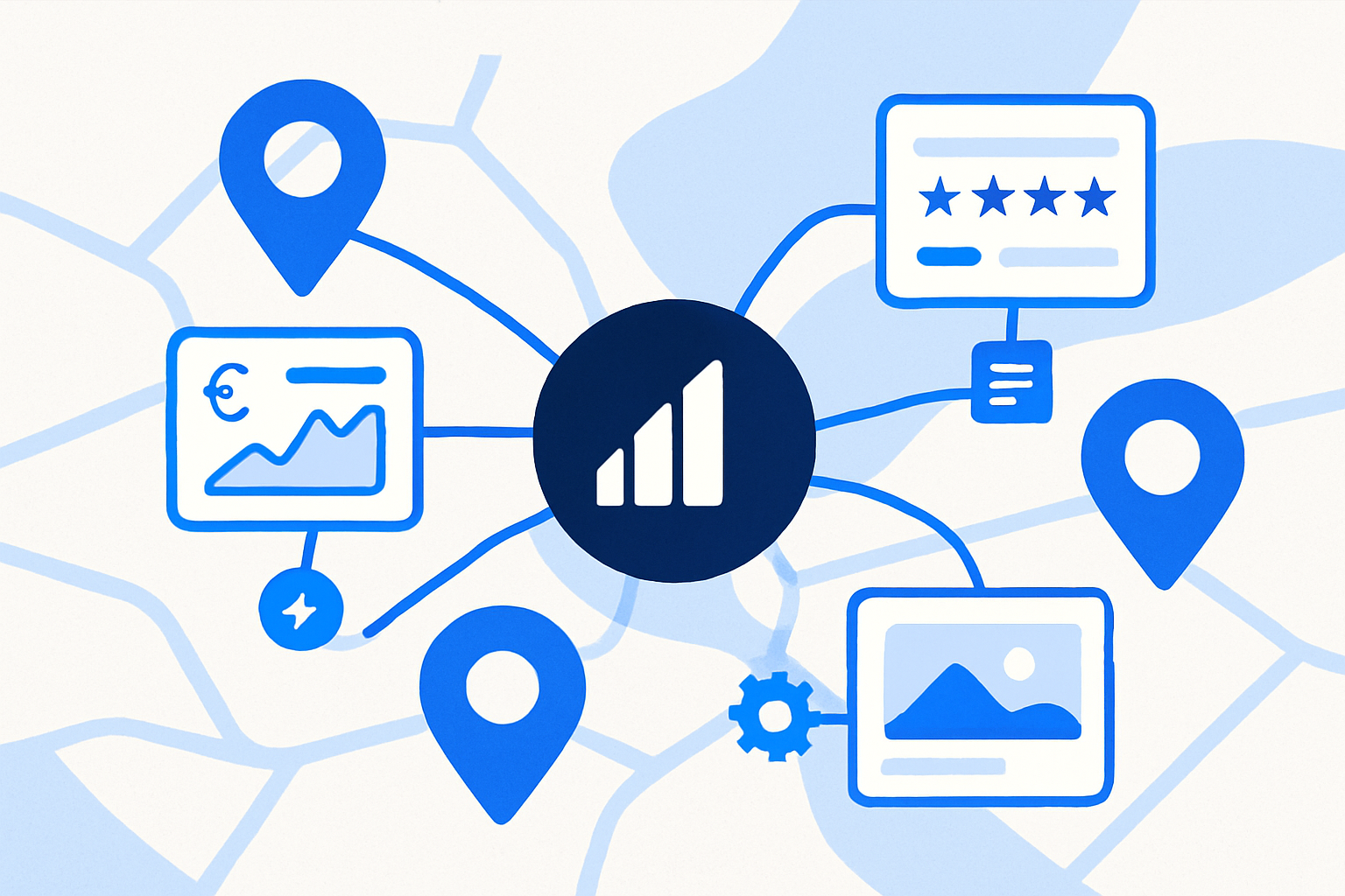 A map with multiple business pins connected to a central brand hub, showing reviews and GBP metrics to represent scalable multi-location SEO.