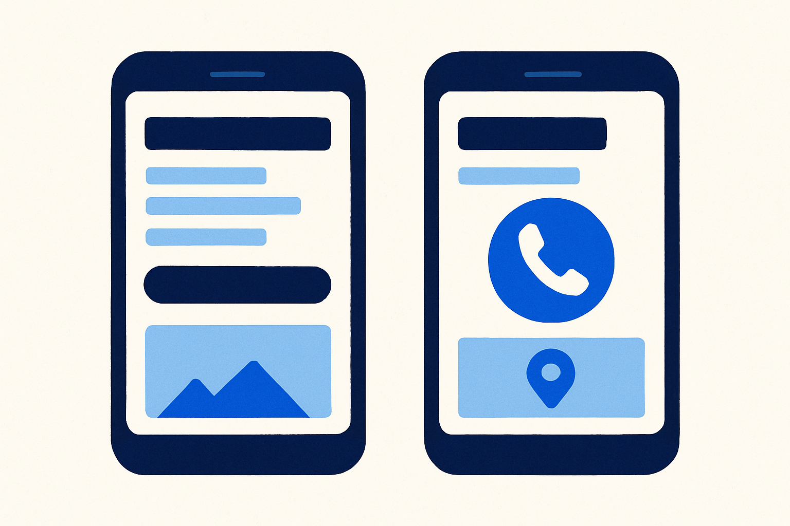 Mobile search results showing a local business without a call icon or map embed, contrasted with a version featuring a prominent tap‑to‑call button and map pin.