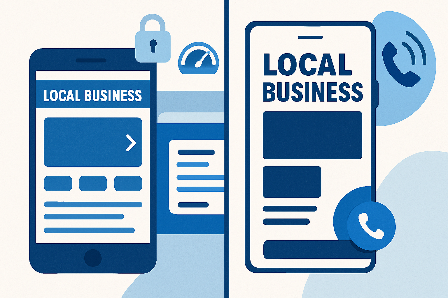 Side-by-side comparison of an outdated 2010-era website and a modern responsive redesign highlighting mobile and HTTPS improvements.