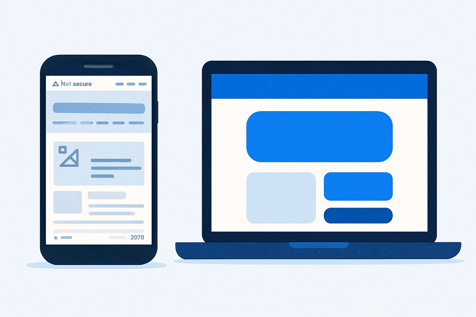 Side-by-side comparison of an outdated desktop website with a 2019 footer and security warning next to a clean, modern mobile layout.
