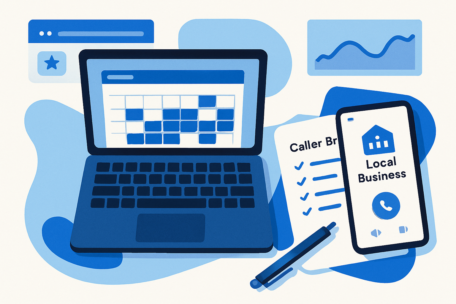 Desk with laptop showing booked meetings, a caller brief checklist, and a phone interface dialing a local business contact.