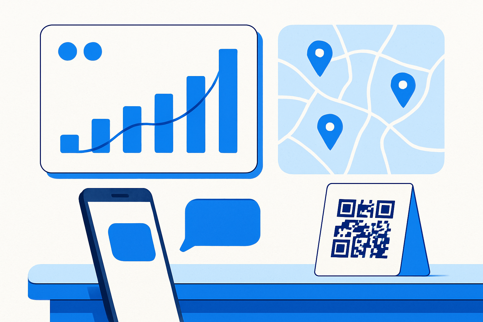 Illustration of a dashboard with rising review velocity, SMS review requests, and a QR card, overlaid on a city map with location pins.