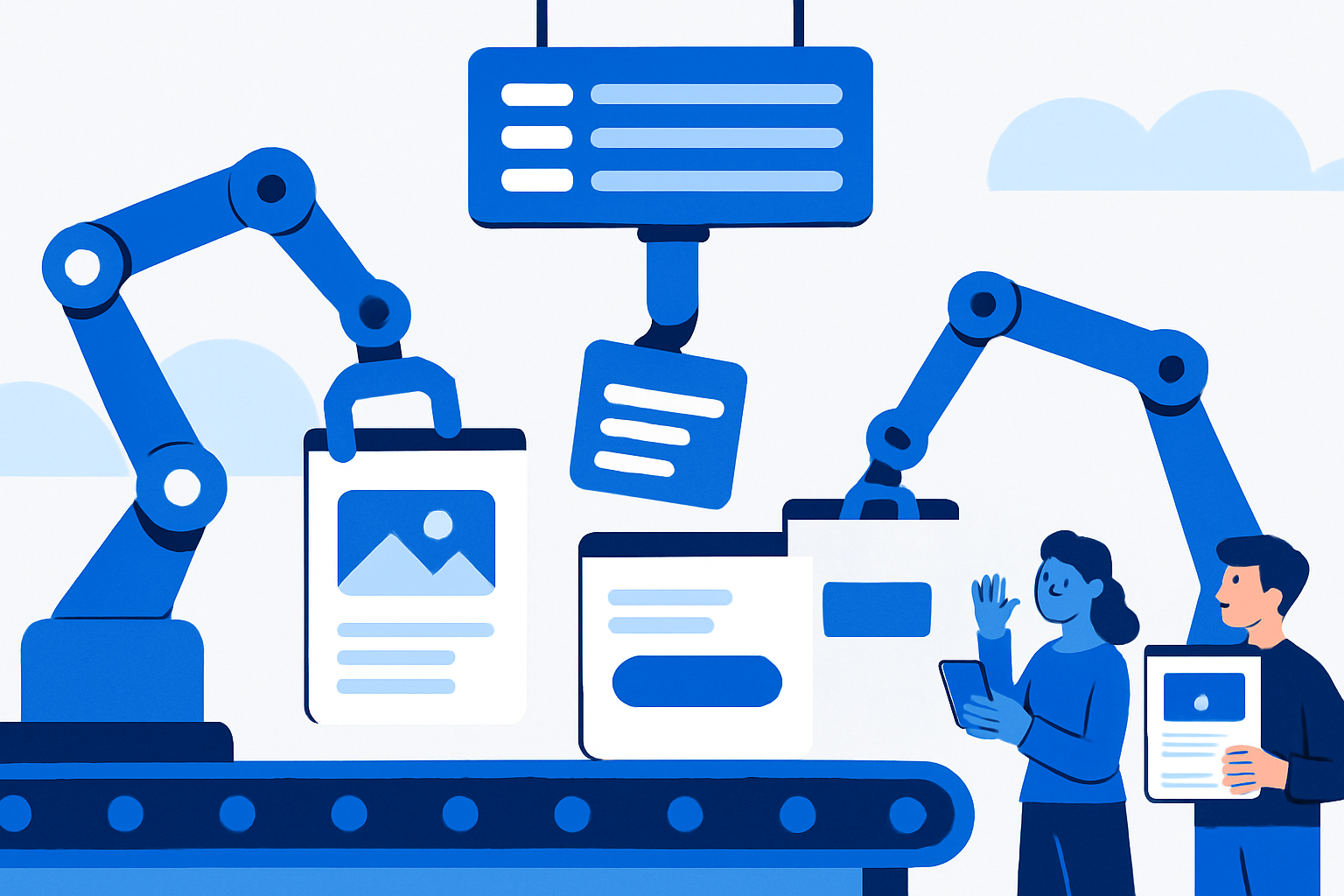 An assembly line of AI-powered tools assembling modular websites with a visible price menu, illustrating productized web design services.