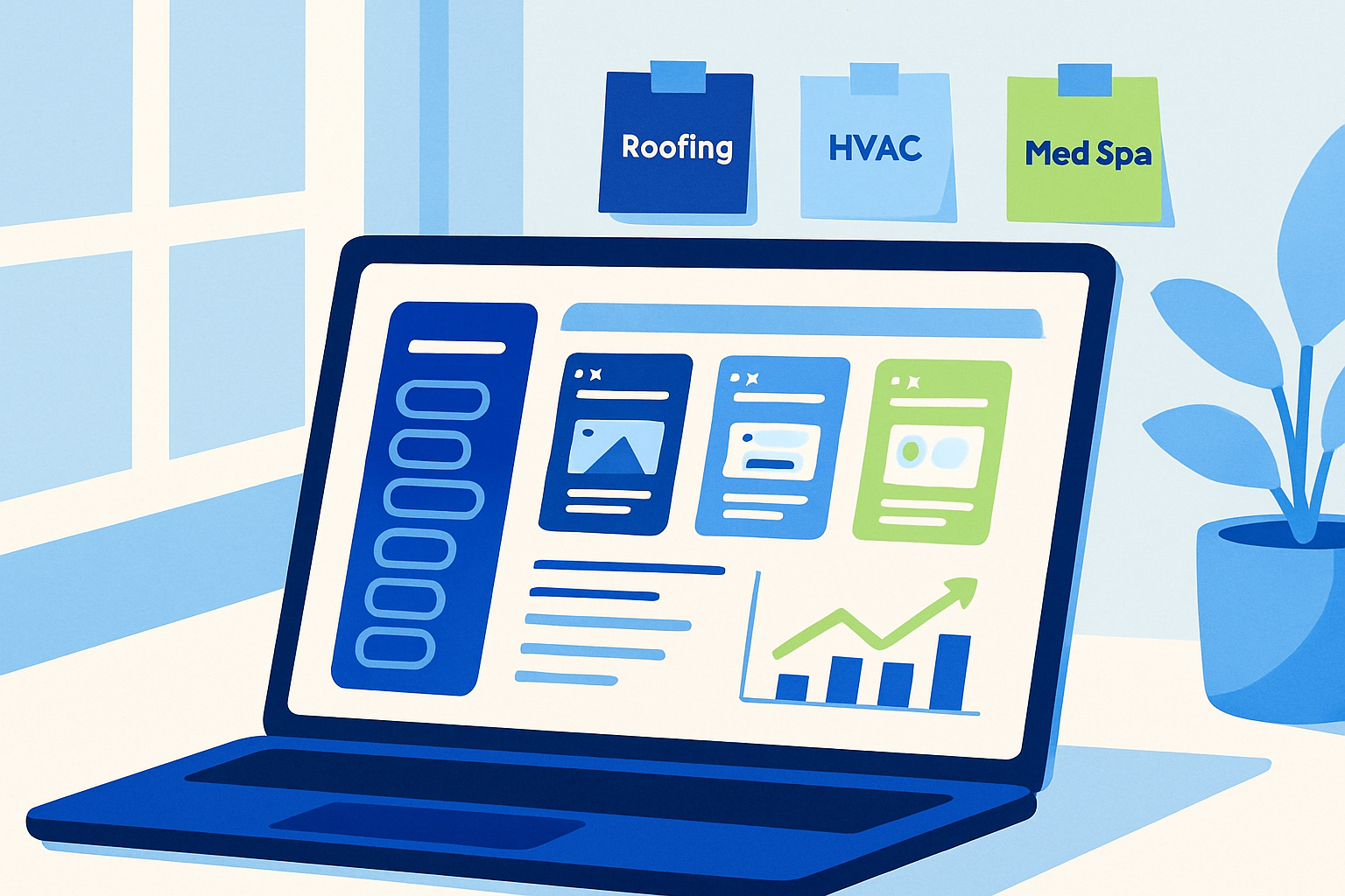 A laptop displaying a pipeline of local leads, trade-specific website templates, and recurring revenue graphs for a professional vibe coder agency.