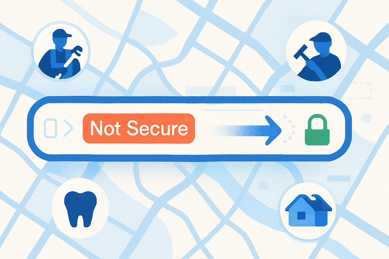 Browser bar changing from ‘Not Secure’ to a padlock over a city map of local businesses.