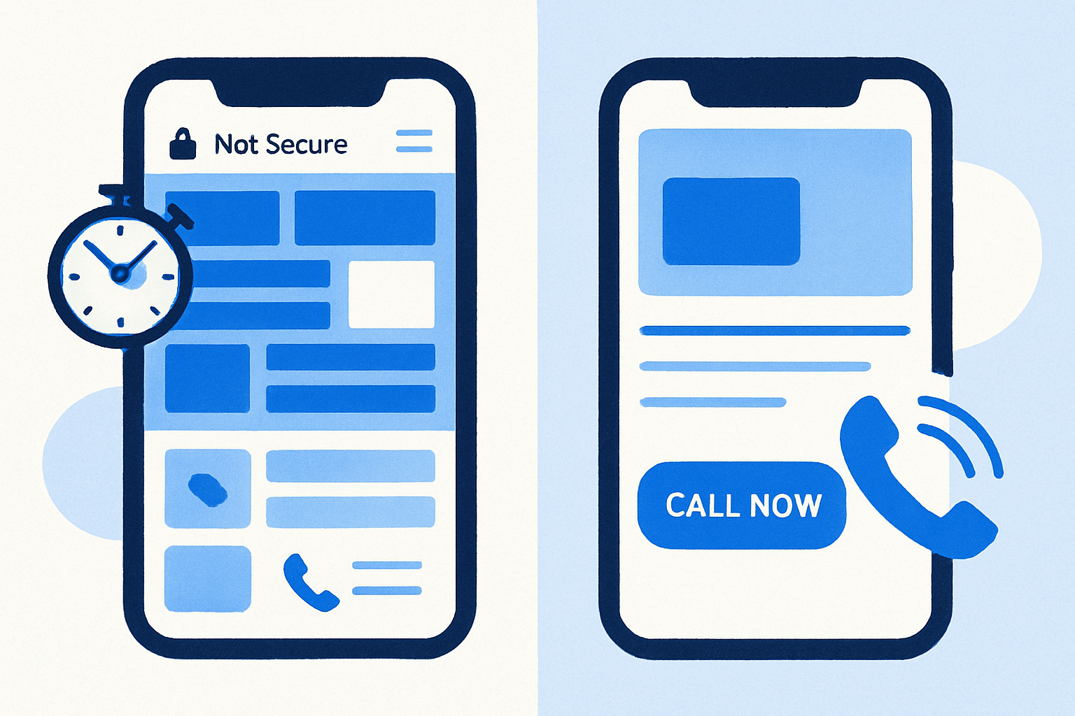 Before-and-after mobile website showing a non-tap phone number and ‘Not Secure’ warning versus a fast, secure site with a clear ‘Call Now’ button.